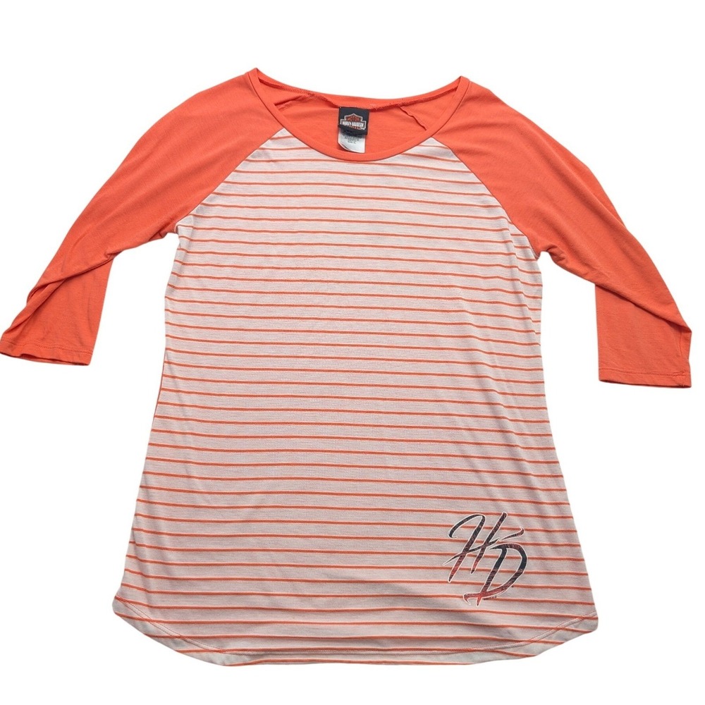 Y2K Harley-Davidson Raglan Shirt Womens XL Orange Striped 3/4 Sleeve Top